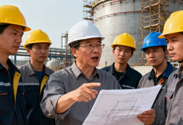 Chemical professionals reviewing production and safety documents at an industrial site